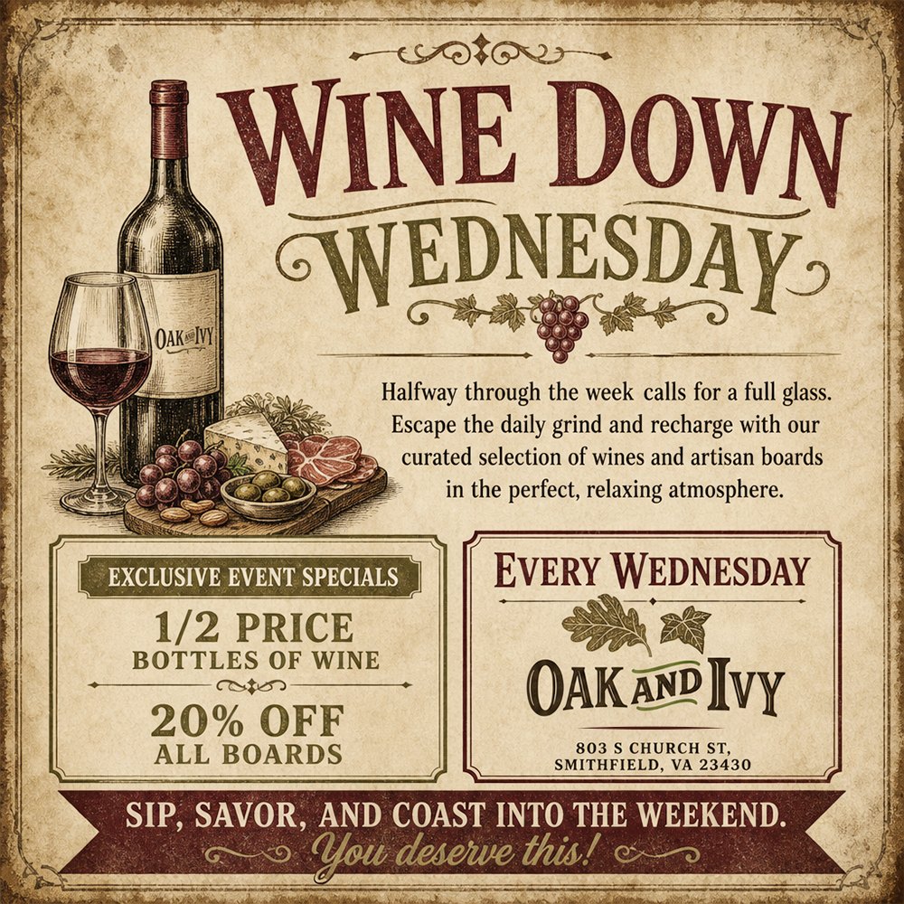 Wine Down Wednesday — half-price wine bottles and 20% off boards every Wednesday